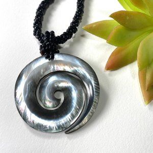 Abalone Spiral Pendent Black Beaded Necklace